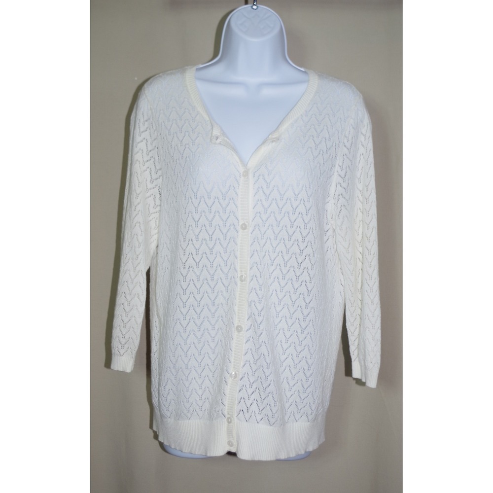 Ann Taylor LOFT Large White Pointelle Chevron Knit V-Neck‎ Cardigan Sweater
